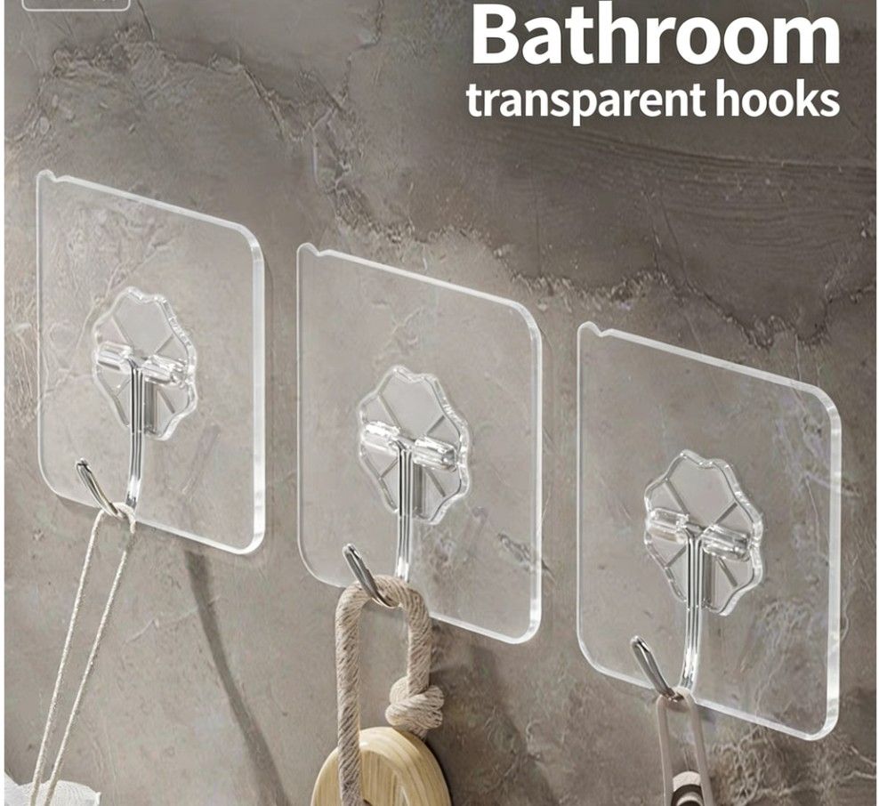 5PCS Invisible Clear Wall Hooks – No Drill Wall Hangers for Kitchen & Bathroom | Heavy Duty Waterproof Stickers | Vifaa vya Kufunga Vitu kwa Nyumba (Home Hanging Tools)