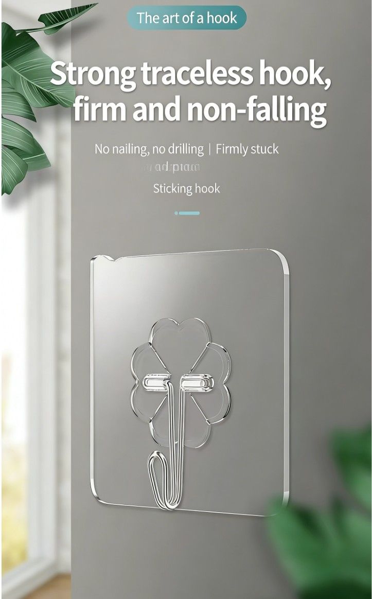 5PCS Invisible Clear Wall Hooks – No Drill Wall Hangers for Kitchen & Bathroom | Heavy Duty Waterproof Stickers | Vifaa vya Kufunga Vitu kwa Nyumba (Home Hanging Tools)