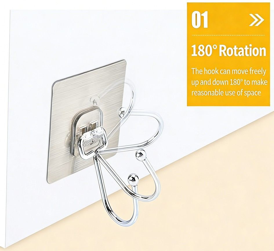"5 Pcs / Large Hooks 
5 sets of stainless steel strong self-adhesive multi-functional large hooks: suitable for door lock storage, wall hanging, and kitchen and bathroom use"