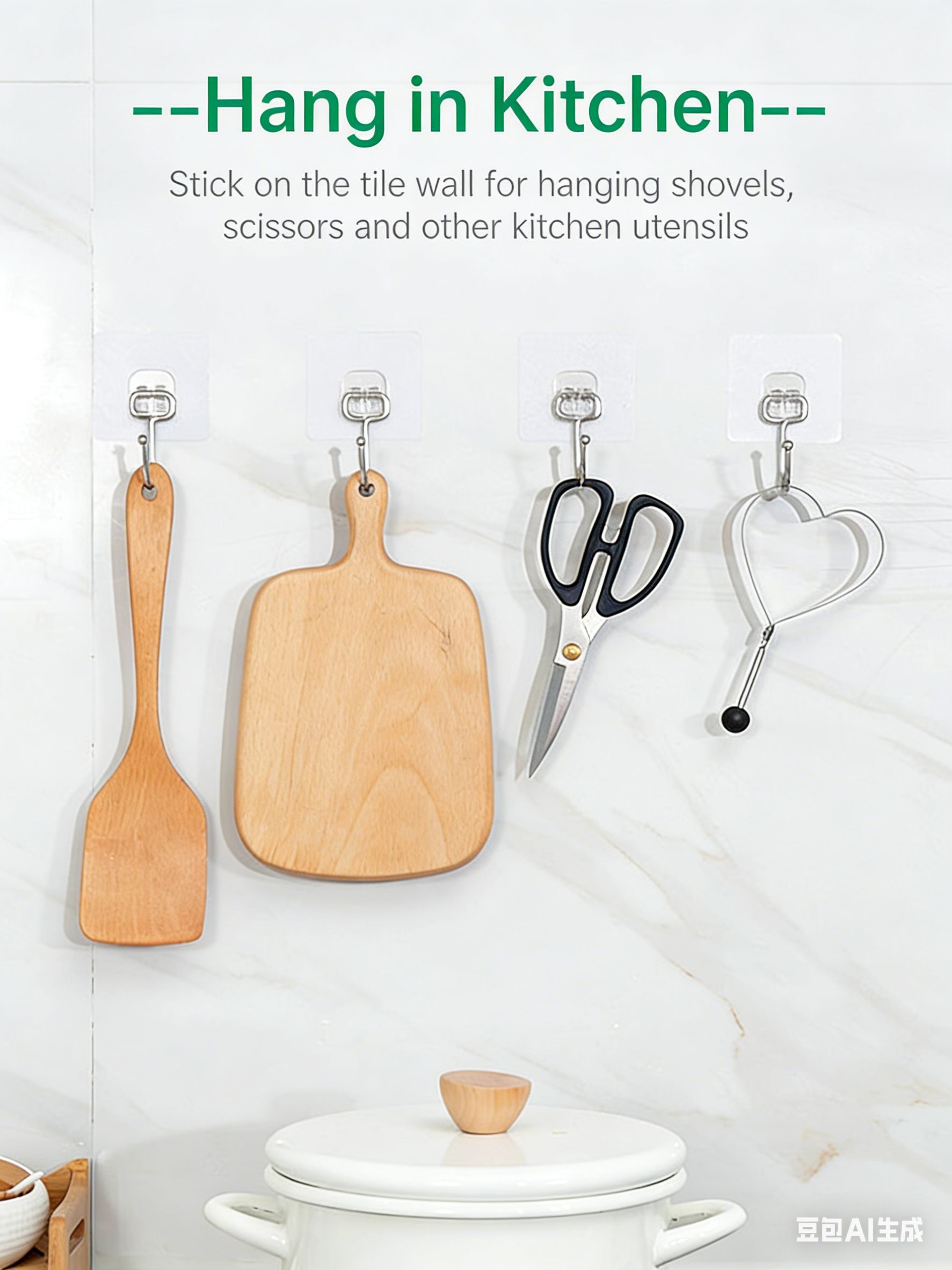 "5 Pcs / Large Hooks 
5 sets of stainless steel strong self-adhesive multi-functional large hooks: suitable for door lock storage, wall hanging, and kitchen and bathroom use"