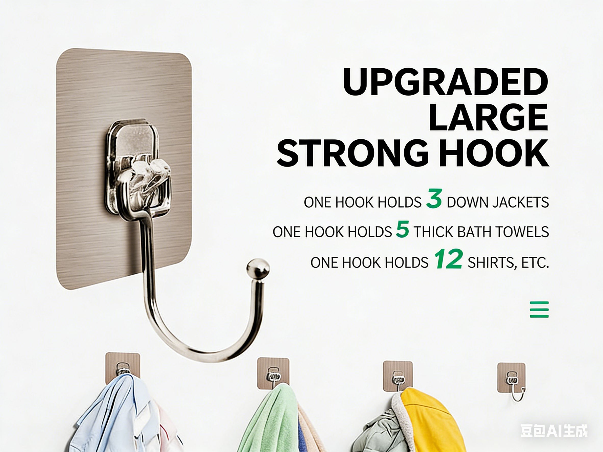 "5 Pcs / Large Hooks 
5 sets of stainless steel strong self-adhesive multi-functional large hooks: suitable for door lock storage, wall hanging, and kitchen and bathroom use"