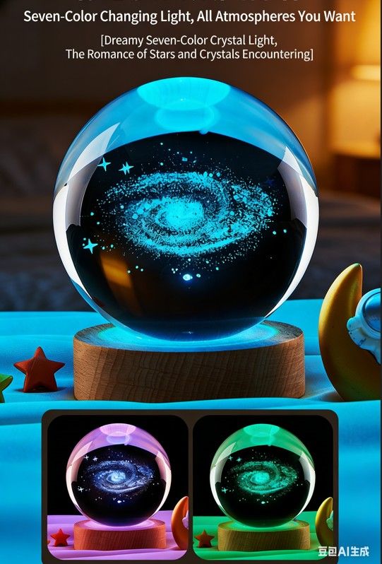 3D Engraved Crystal Ball Night Light – Galaxy, Angel & Deer Designs | Wooden Base, Warm Glow | Ideal Christmas Gift | Vifaa vya Kuzalisha Mwangaza kwa Nyumba (Home Decor & Gifts)