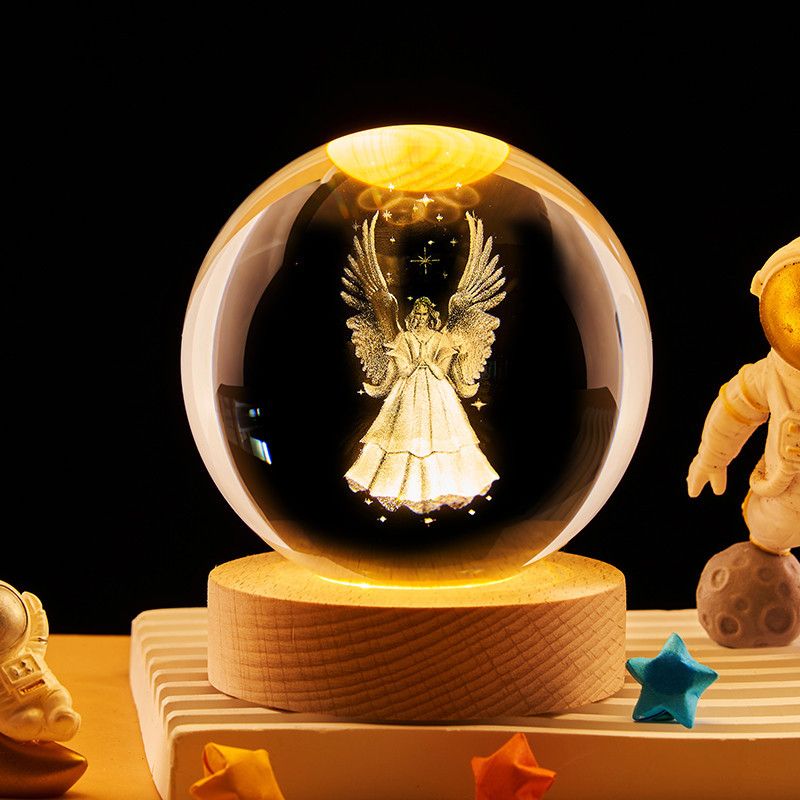 3D Engraved Crystal Ball Night Light – Galaxy, Angel & Deer Designs | Wooden Base, Warm Glow | Ideal Christmas Gift | Vifaa vya Kuzalisha Mwangaza kwa Nyumba (Home Decor & Gifts)