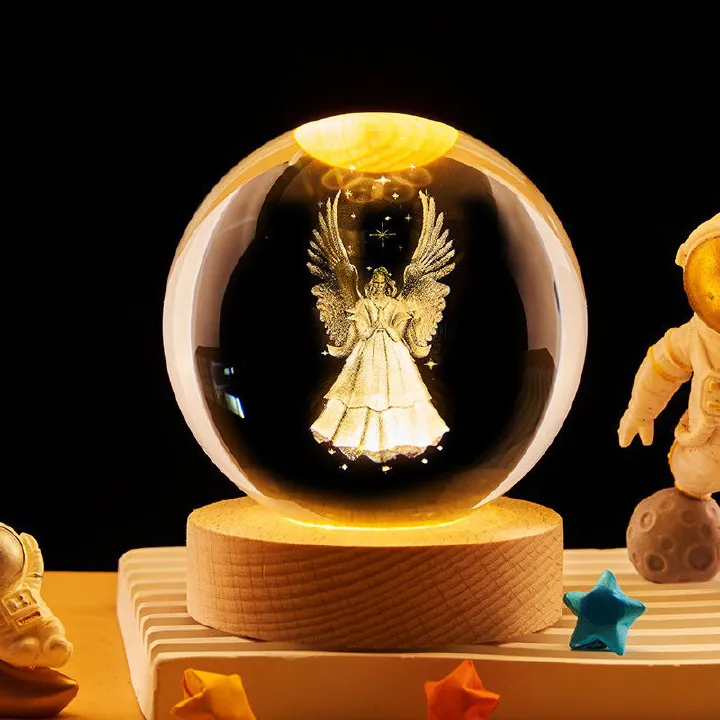 3D Engraved Crystal Ball Night Light – Galaxy, Angel & Deer Designs | Wooden Base, Warm Glow | Ideal Christmas Gift | Vifaa vya Kuzalisha Mwangaza kwa Nyumba (Home Decor & Gifts)