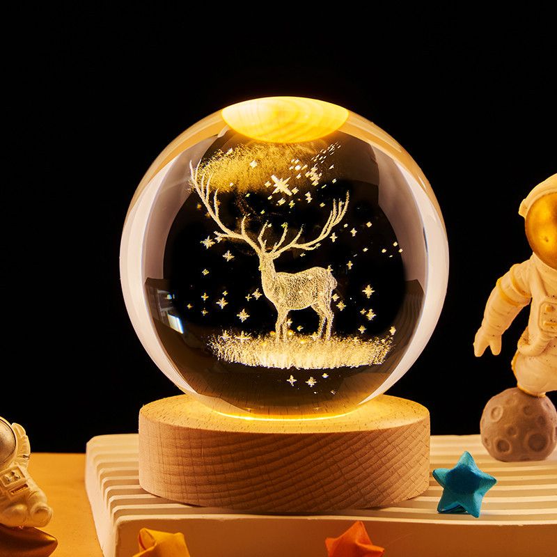 3D Engraved Crystal Ball Night Light – Galaxy, Angel & Deer Designs | Wooden Base, Warm Glow | Ideal Christmas Gift | Vifaa vya Kuzalisha Mwangaza kwa Nyumba (Home Decor & Gifts)