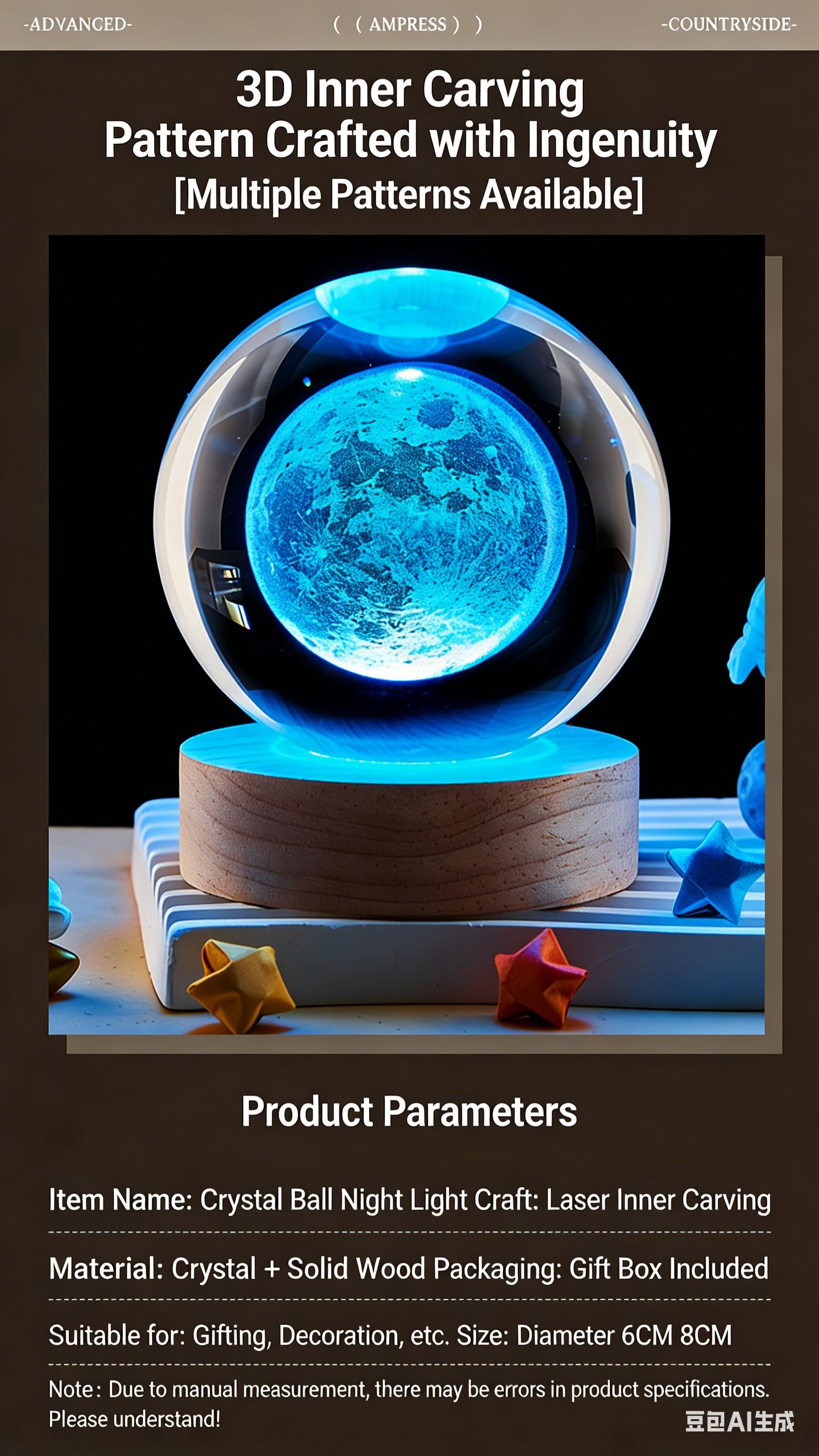 3D Engraved Crystal Ball Night Light – Galaxy, Angel & Deer Designs | Wooden Base, Warm Glow | Ideal Christmas Gift | Vifaa vya Kuzalisha Mwangaza kwa Nyumba (Home Decor & Gifts)