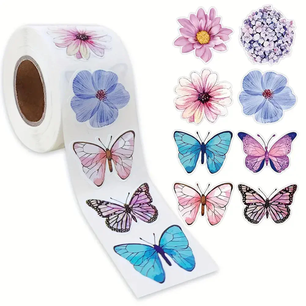 500pcs Amazon hot selling roll pack butterfly flower shaped sticker decoration gift box adhesive sticker label