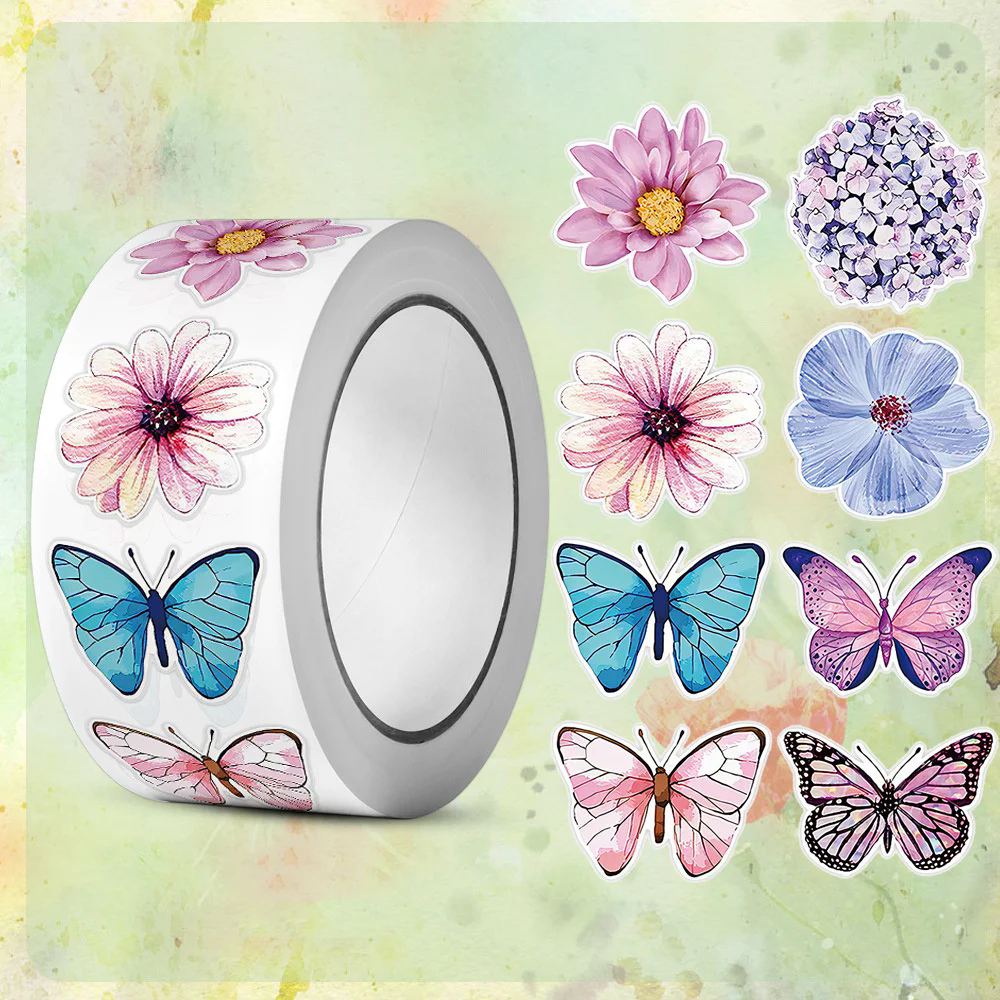 500pcs Amazon hot selling roll pack butterfly flower shaped sticker decoration gift box adhesive sticker label