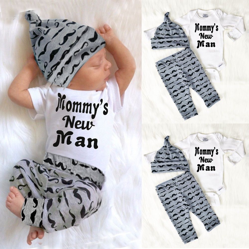 3pcs Newborn infant Baby Boys Clothes Set Short Sleeve Romper Top with Letters + Printed Pants + Cap Summer Outfit for Boys