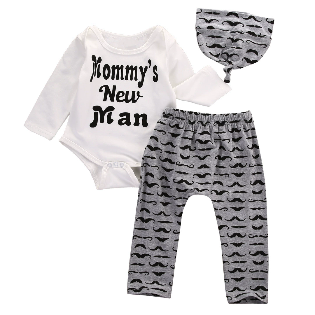 3pcs Newborn infant Baby Boys Clothes Set Short Sleeve Romper Top with Letters + Printed Pants + Cap Summer Outfit for Boys