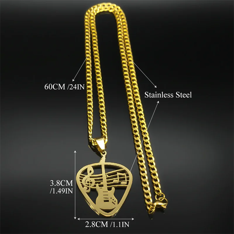 1pcRock Music Guitar Pick Pendant Necklace for Women/Men Stainless Steel Punk Musical Bass Note Chain Party Gift Jewelry