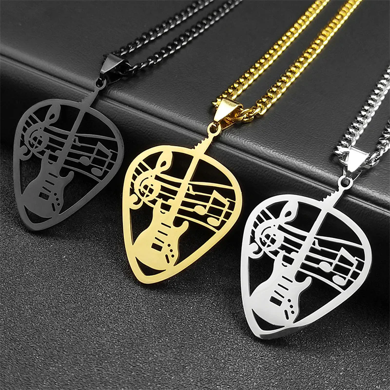 1pcRock Music Guitar Pick Pendant Necklace for Women/Men Stainless Steel Punk Musical Bass Note Chain Party Gift Jewelry