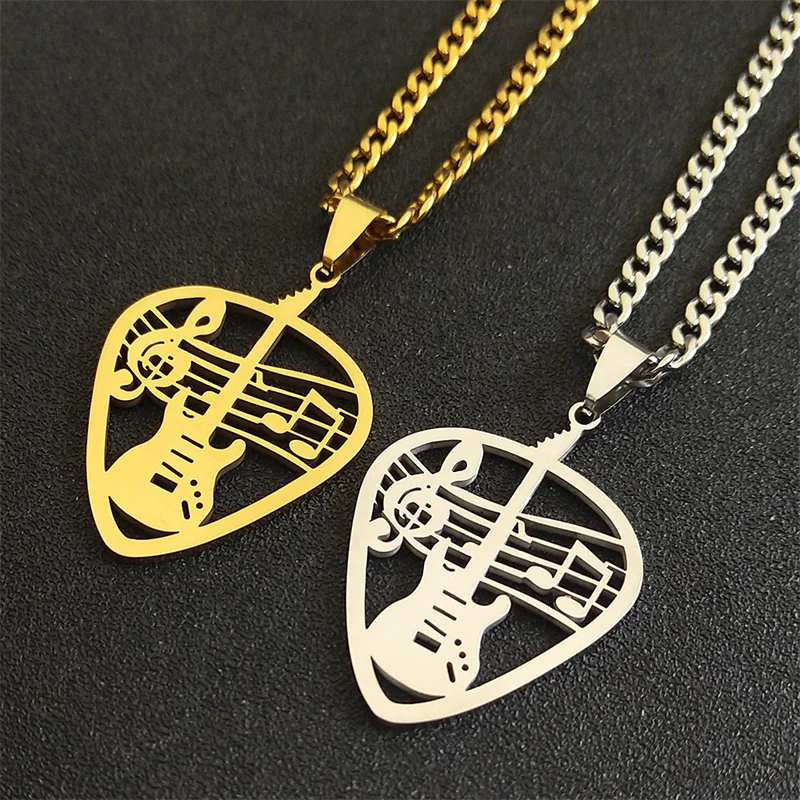 1pcRock Music Guitar Pick Pendant Necklace for Women/Men Stainless Steel Punk Musical Bass Note Chain Party Gift Jewelry
