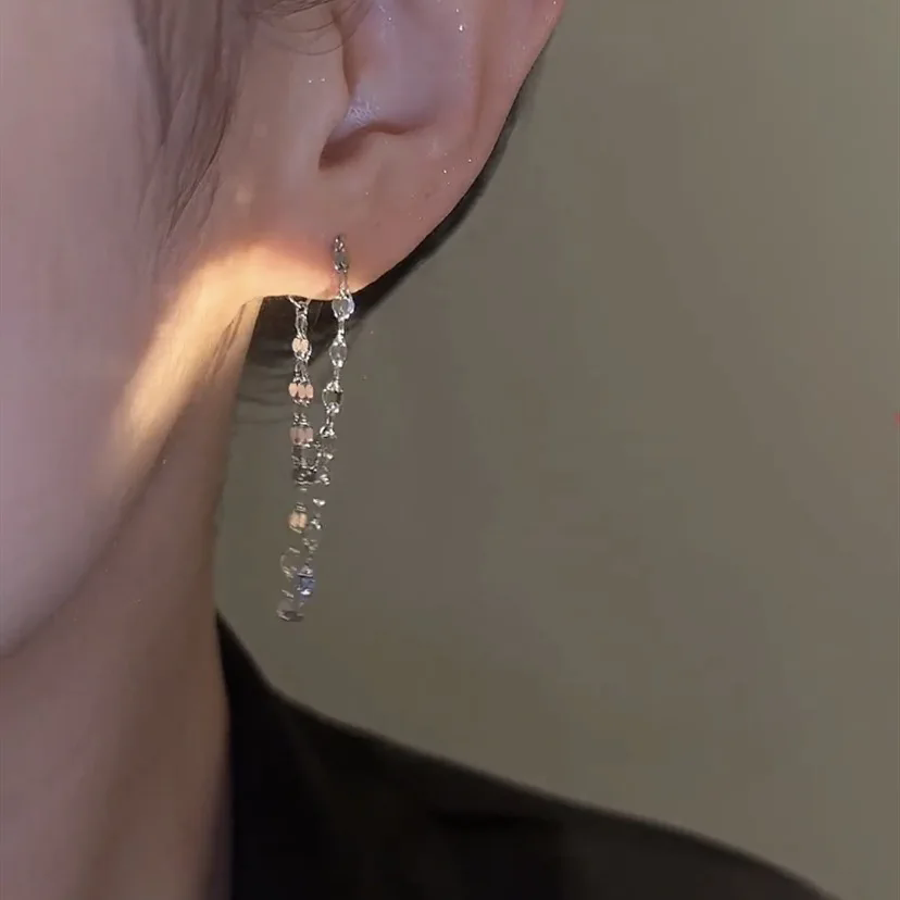 2pcs925 silver needle earrings with double layered chain tassel earrings worn in front and back
