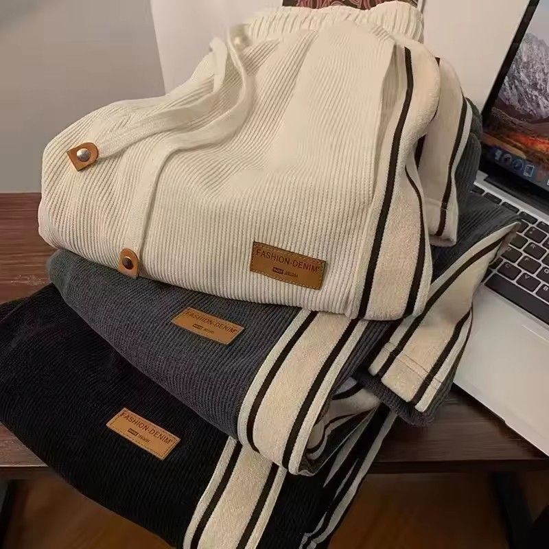 Autumn striped corduroy sports pants men's winter thick high waisted drawstring wide leg pants Korean full straight leg pants