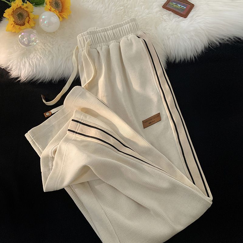 Autumn striped corduroy sports pants men's winter thick high waisted drawstring wide leg pants Korean full straight leg pants