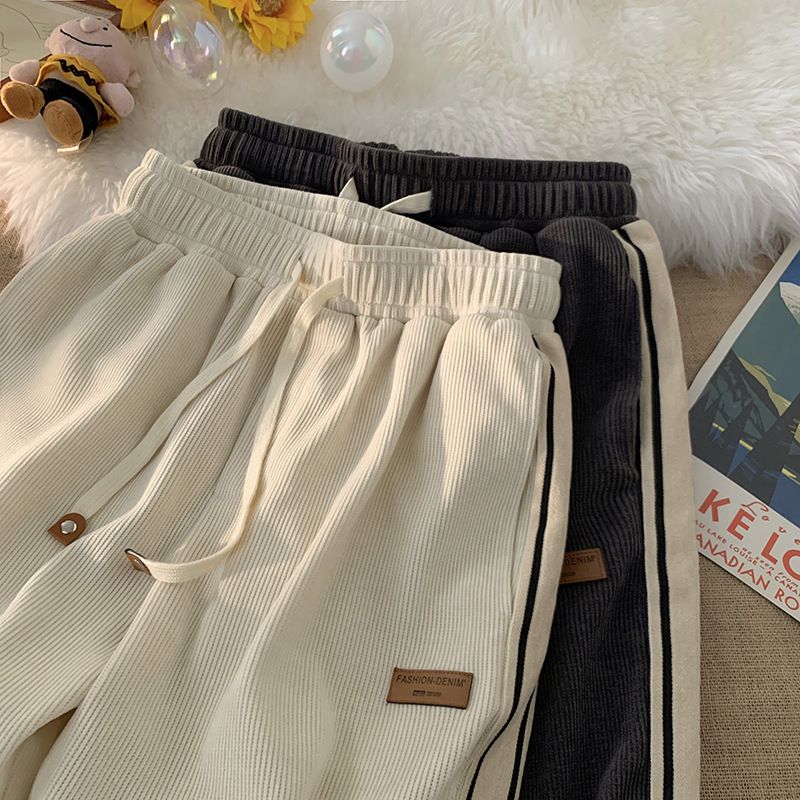 Autumn striped corduroy sports pants men's winter thick high waisted drawstring wide leg pants Korean full straight leg pants