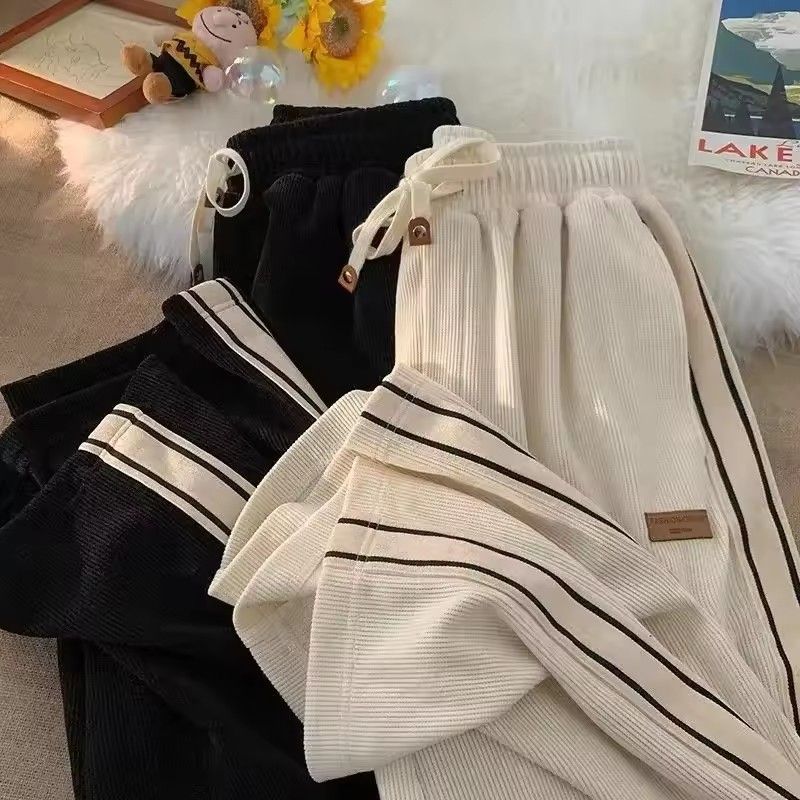 Autumn striped corduroy sports pants men's winter thick high waisted drawstring wide leg pants Korean full straight leg pants