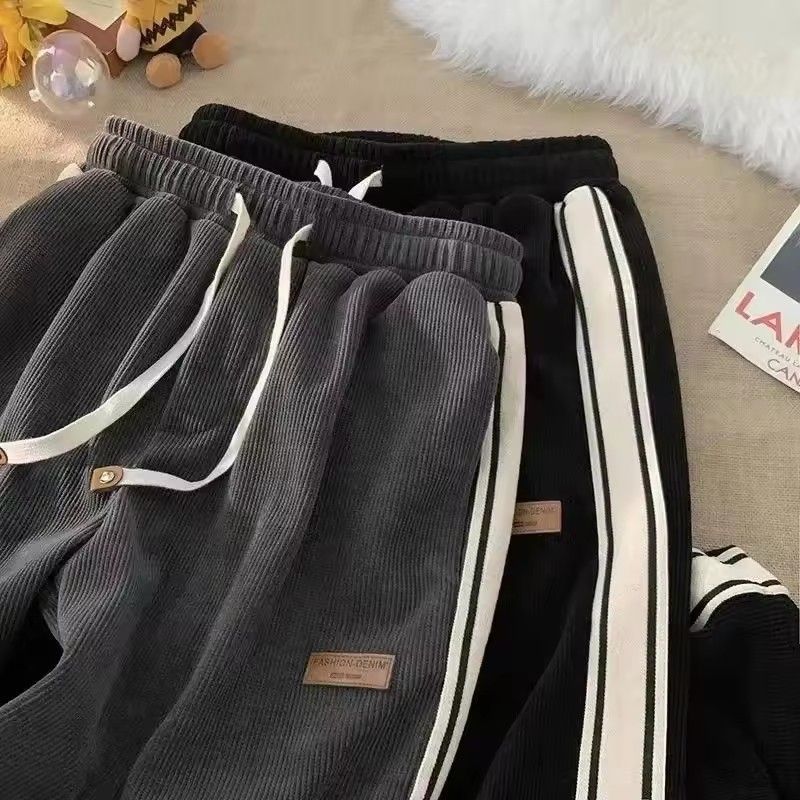Autumn striped corduroy sports pants men's winter thick high waisted drawstring wide leg pants Korean full straight leg pants