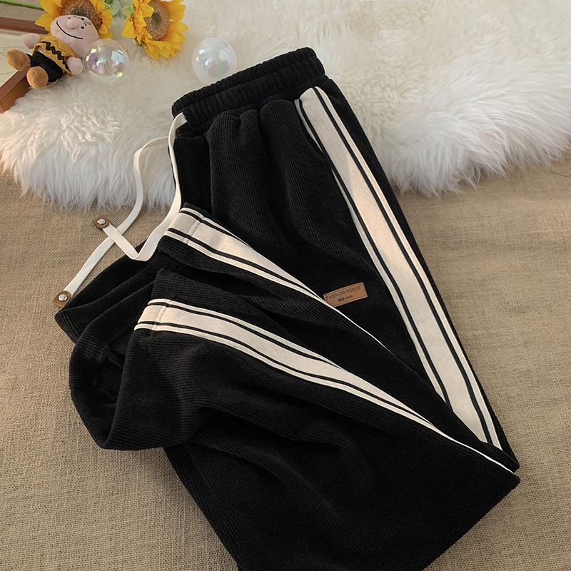 Autumn striped corduroy sports pants men's winter thick high waisted drawstring wide leg pants Korean full straight leg pants