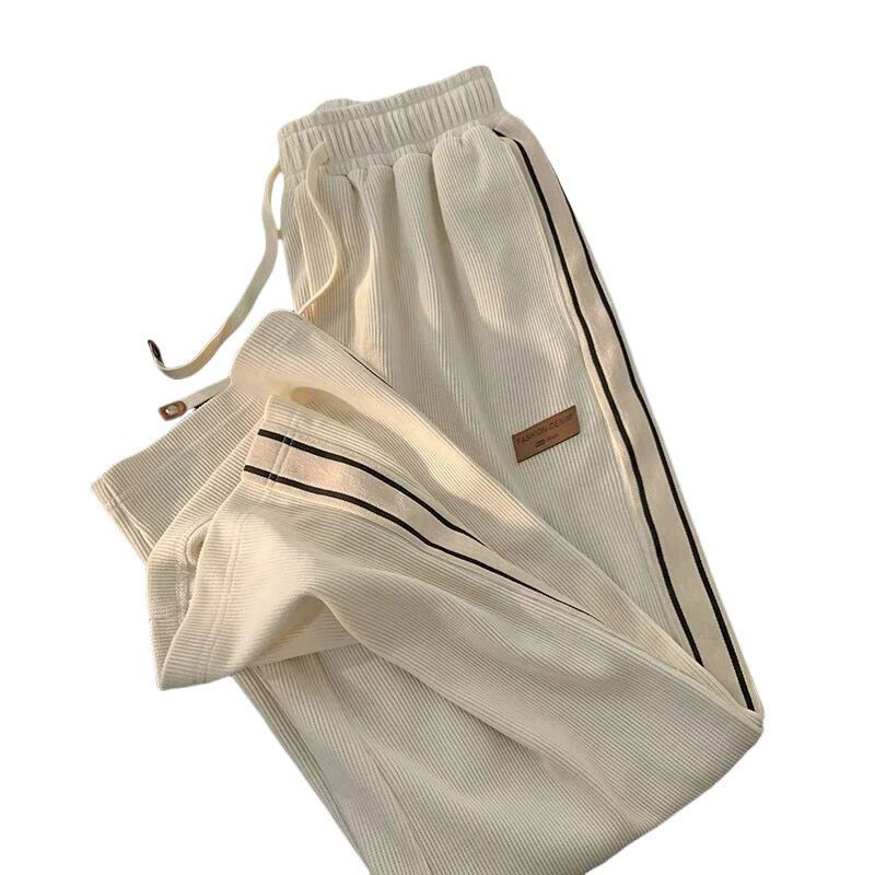 Autumn striped corduroy sports pants men's winter thick high waisted drawstring wide leg pants Korean full straight leg pants
