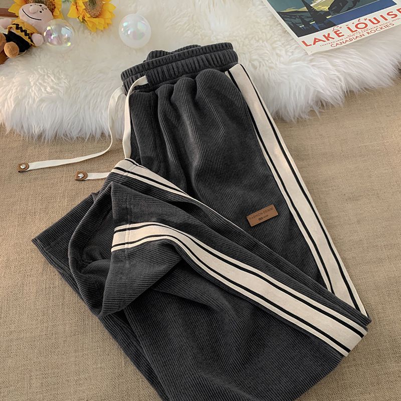 Autumn striped corduroy sports pants men's winter thick high waisted drawstring wide leg pants Korean full straight leg pants