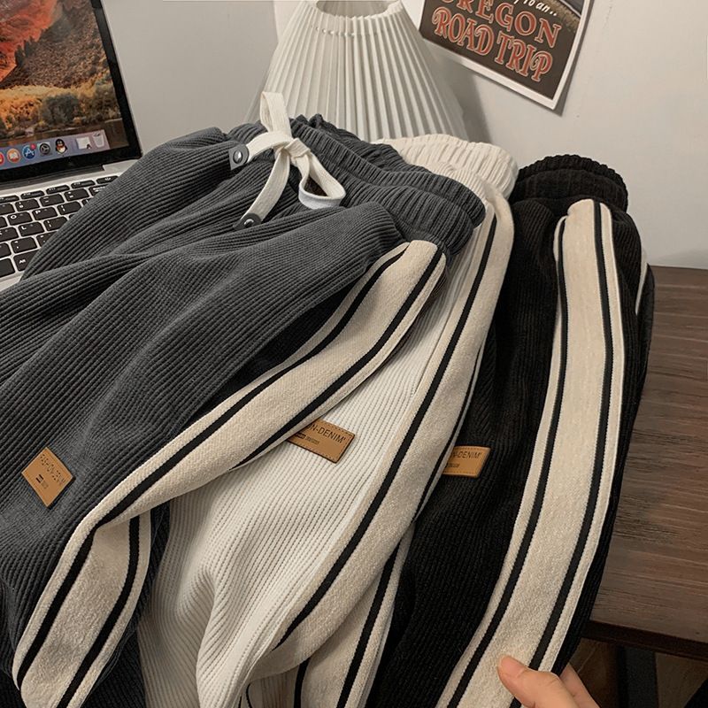 Autumn striped corduroy sports pants men's winter thick high waisted drawstring wide leg pants Korean full straight leg pants