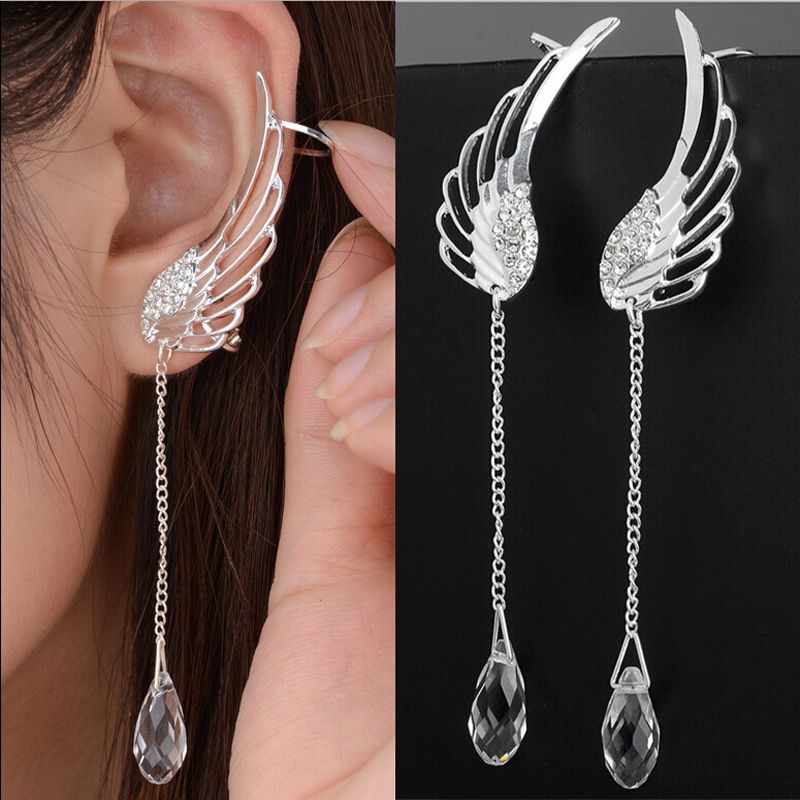Fashion Women's Angel Wing Silver Plated Crystal Chain Drop Dangle Ear Stud Clip Alloy Ear Jewelry Party Earring Gothic Gift A-897