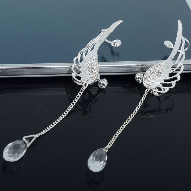 Fashion Women's Angel Wing Silver Plated Crystal Chain Drop Dangle Ear Stud Clip Alloy Ear Jewelry Party Earring Gothic Gift A-897