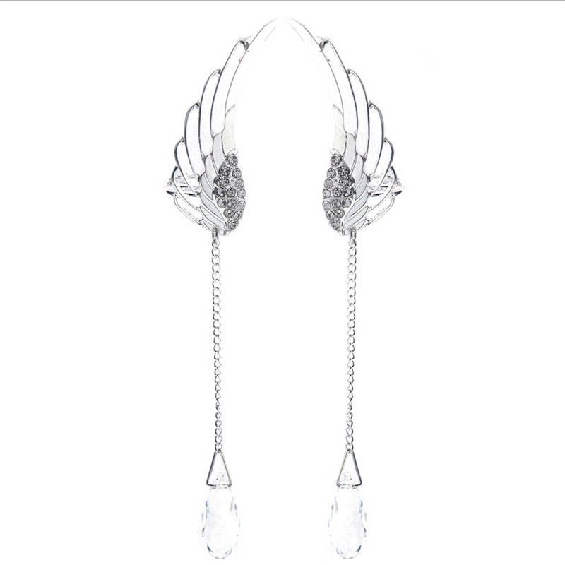 Fashion Women's Angel Wing Silver Plated Crystal Chain Drop Dangle Ear Stud Clip Alloy Ear Jewelry Party Earring Gothic Gift A-897