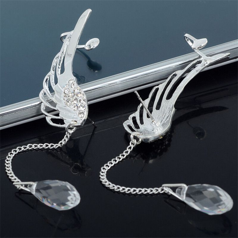 Fashion Women's Angel Wing Silver Plated Crystal Chain Drop Dangle Ear Stud Clip Alloy Ear Jewelry Party Earring Gothic Gift A-897