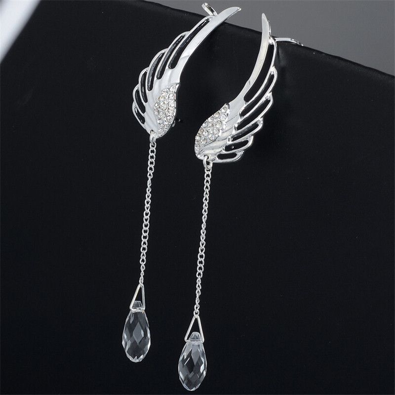 Fashion Women's Angel Wing Silver Plated Crystal Chain Drop Dangle Ear Stud Clip Alloy Ear Jewelry Party Earring Gothic Gift A-897
