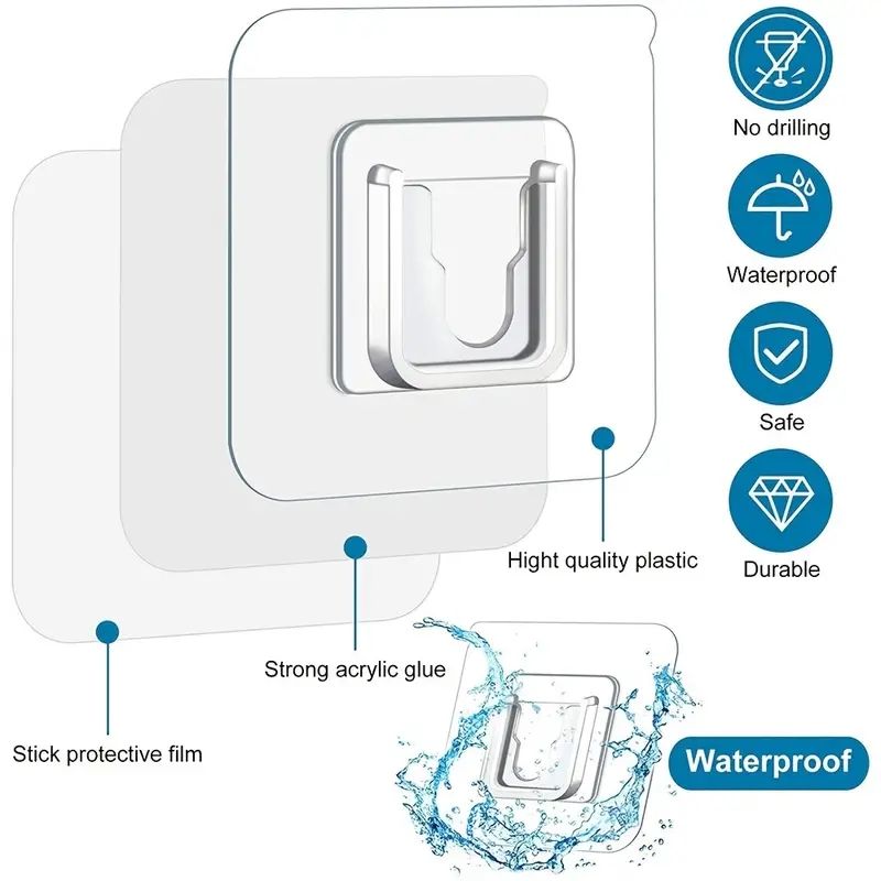 10 Pairs Double Sided Adhesive Wall Hooks Heavy Duty 13.2 Lbs Max, Self Adhesive Hooks Waterproof Sticky Hooks For Bathroom C-458