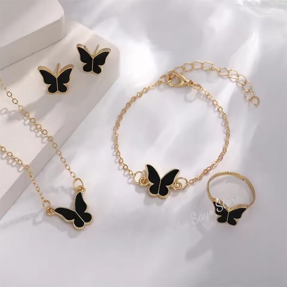 Butterfly Jewelry Sets Crystal Acrylic Romantic Bracelet Ring Necklace Earring Set for Women Wedding Dinner Dress Accessories A-2057