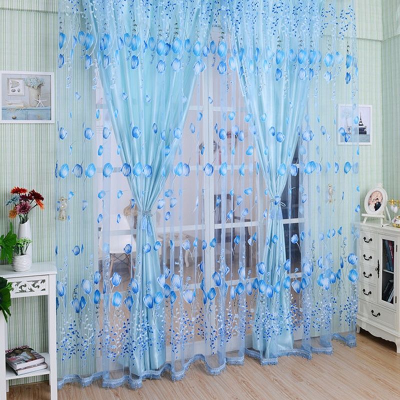 Tulip Flower Sheer Window Curtain Beads Tassel Door Scarf Drapes Valance &