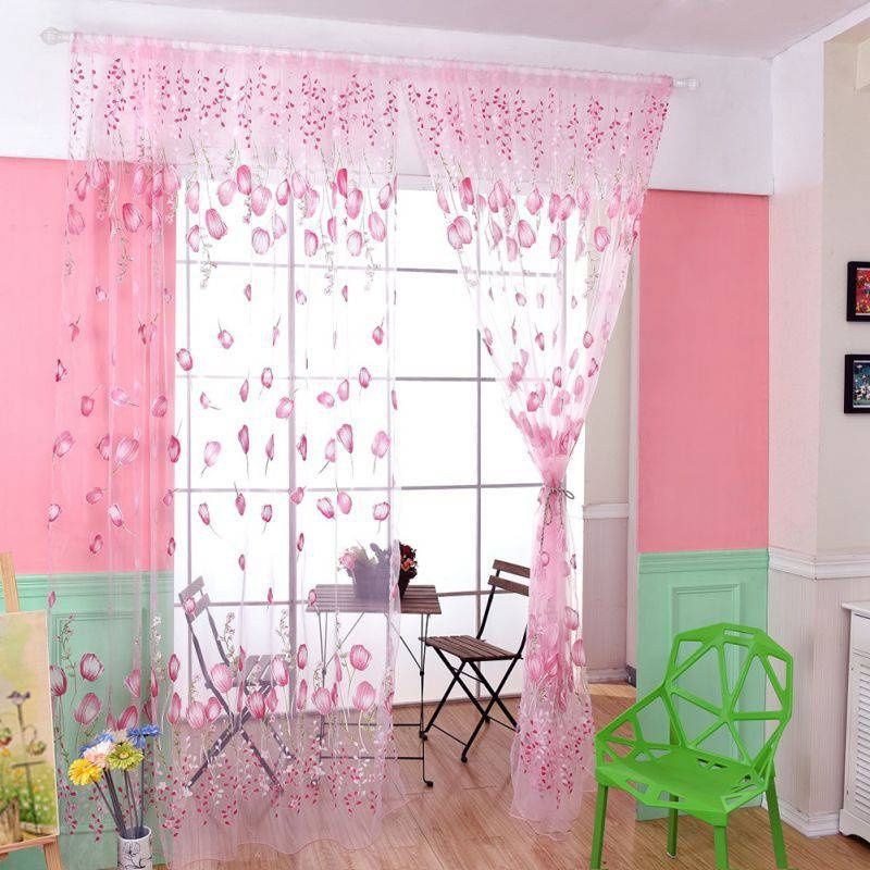 Tulip Flower Sheer Window Curtain Beads Tassel Door Scarf Drapes Valance &