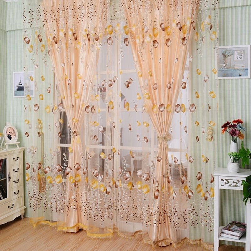 Tulip Flower Sheer Window Curtain Beads Tassel Door Scarf Drapes Valance &