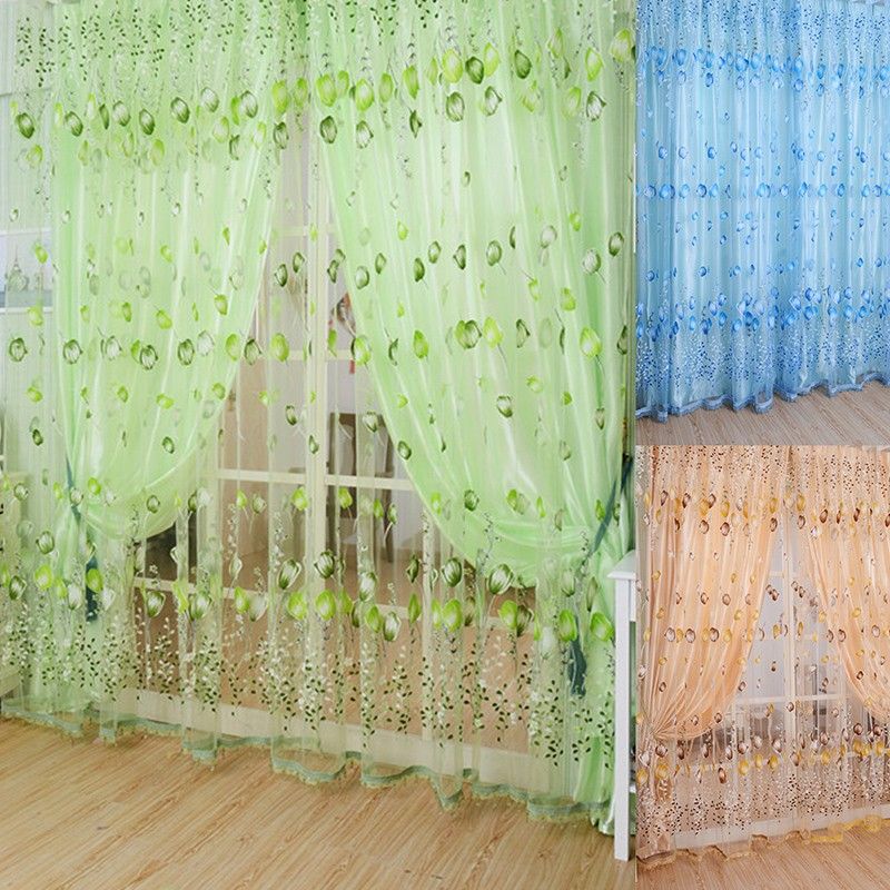 Tulip Flower Sheer Window Curtain Beads Tassel Door Scarf Drapes Valance &