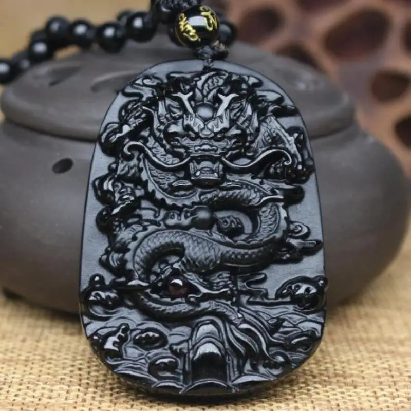 1pcGlass imitation obsidian wolf head dragon phoenix eight trigram pendant Ruyi elephant Guanyin Buddha necklace