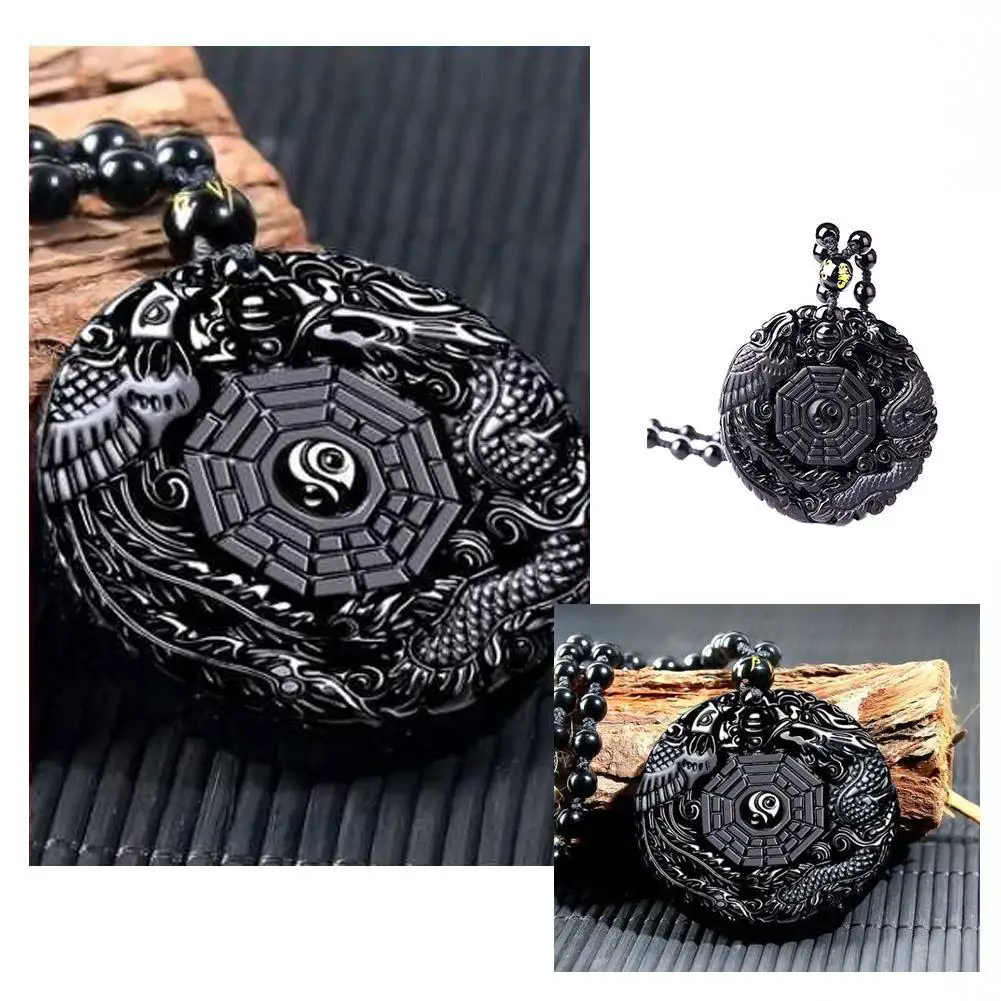 1pcGlass imitation obsidian wolf head dragon phoenix eight trigram pendant Ruyi elephant Guanyin Buddha necklace