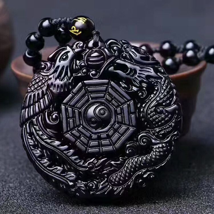 1pcGlass imitation obsidian wolf head dragon phoenix eight trigram pendant Ruyi elephant Guanyin Buddha necklace