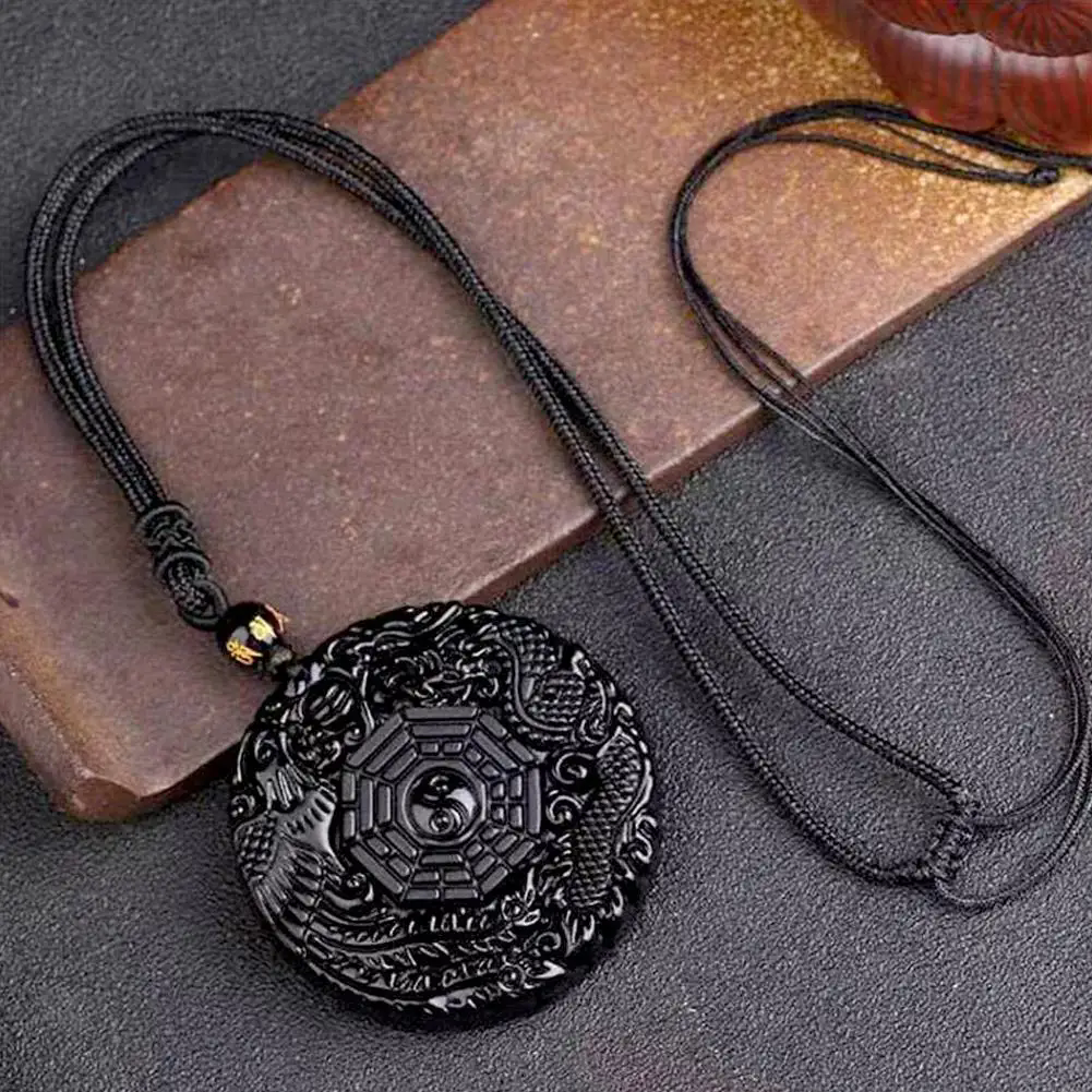 1pcGlass imitation obsidian wolf head dragon phoenix eight trigram pendant Ruyi elephant Guanyin Buddha necklace