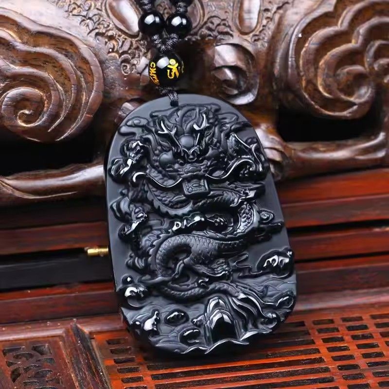 1pcGlass imitation obsidian wolf head dragon phoenix eight trigram pendant Ruyi elephant Guanyin Buddha necklace