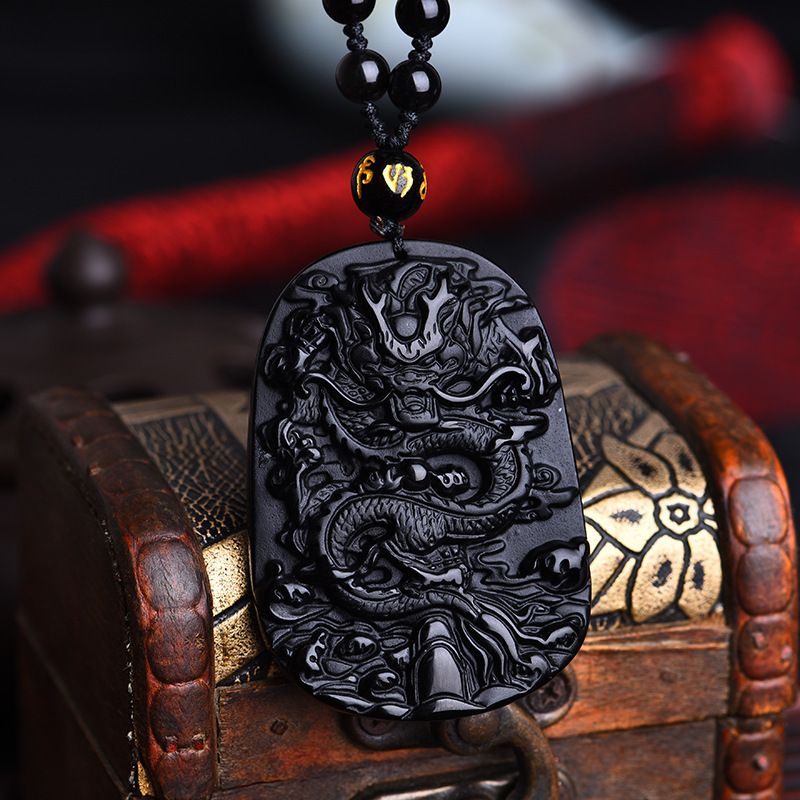 1pcGlass imitation obsidian wolf head dragon phoenix eight trigram pendant Ruyi elephant Guanyin Buddha necklace