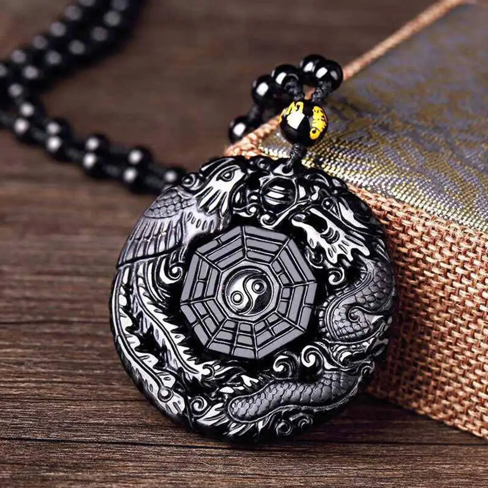 1pcGlass imitation obsidian wolf head dragon phoenix eight trigram pendant Ruyi elephant Guanyin Buddha necklace