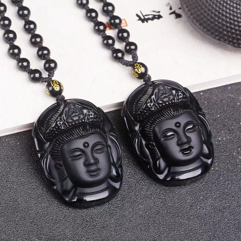 1pcGlass imitation obsidian wolf head dragon phoenix eight trigram pendant Ruyi elephant Guanyin Buddha necklace