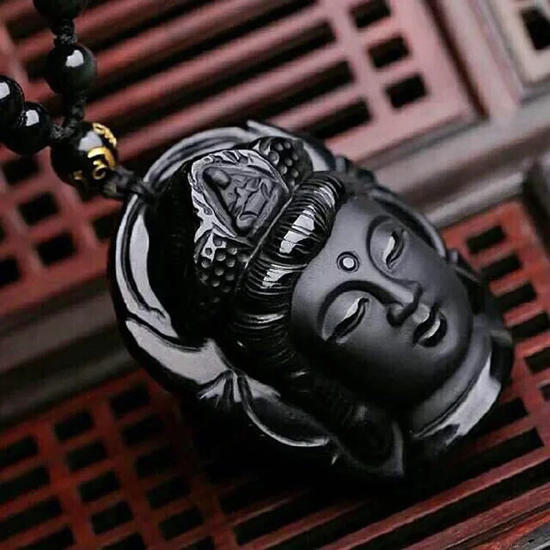 1pcGlass imitation obsidian wolf head dragon phoenix eight trigram pendant Ruyi elephant Guanyin Buddha necklace