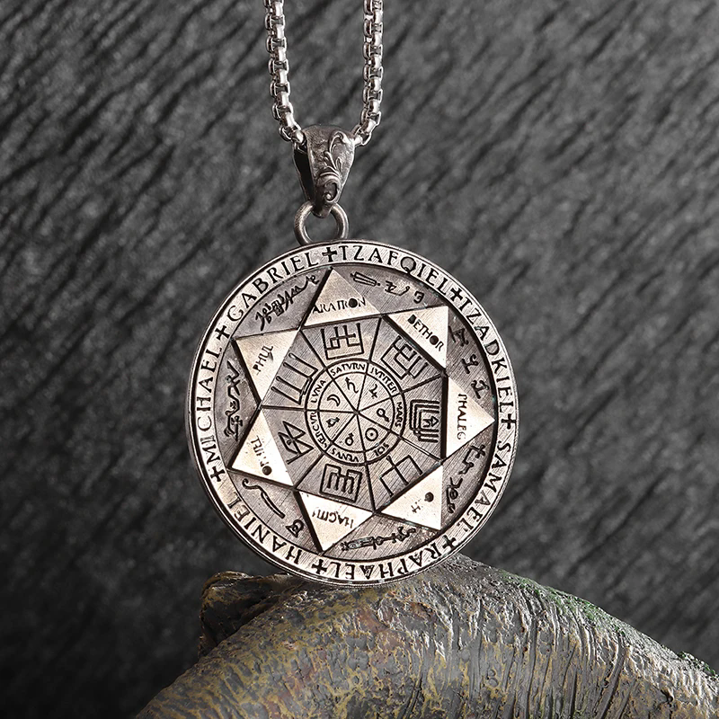 1pcRetro Seven Angels Magic Circle Solomon\'s Seal Necklace Pendant Personalized Men\'s Punk Lucky Amulet Jewelry