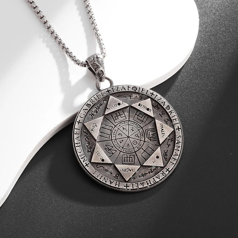 1pcRetro Seven Angels Magic Circle Solomon\'s Seal Necklace Pendant Personalized Men\'s Punk Lucky Amulet Jewelry