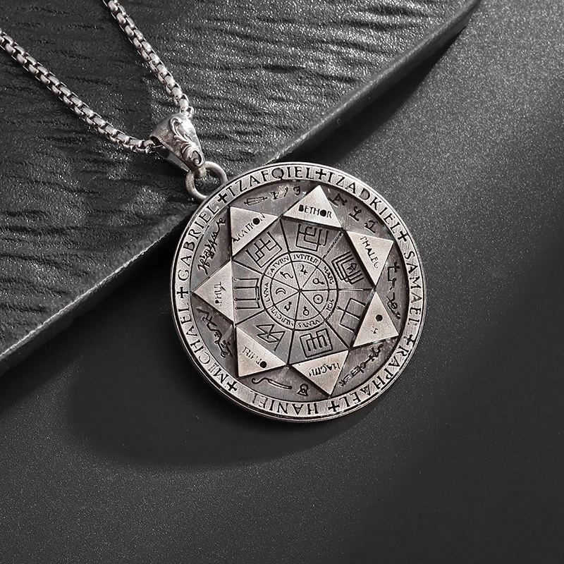 1pcRetro Seven Angels Magic Circle Solomon\'s Seal Necklace Pendant Personalized Men\'s Punk Lucky Amulet Jewelry